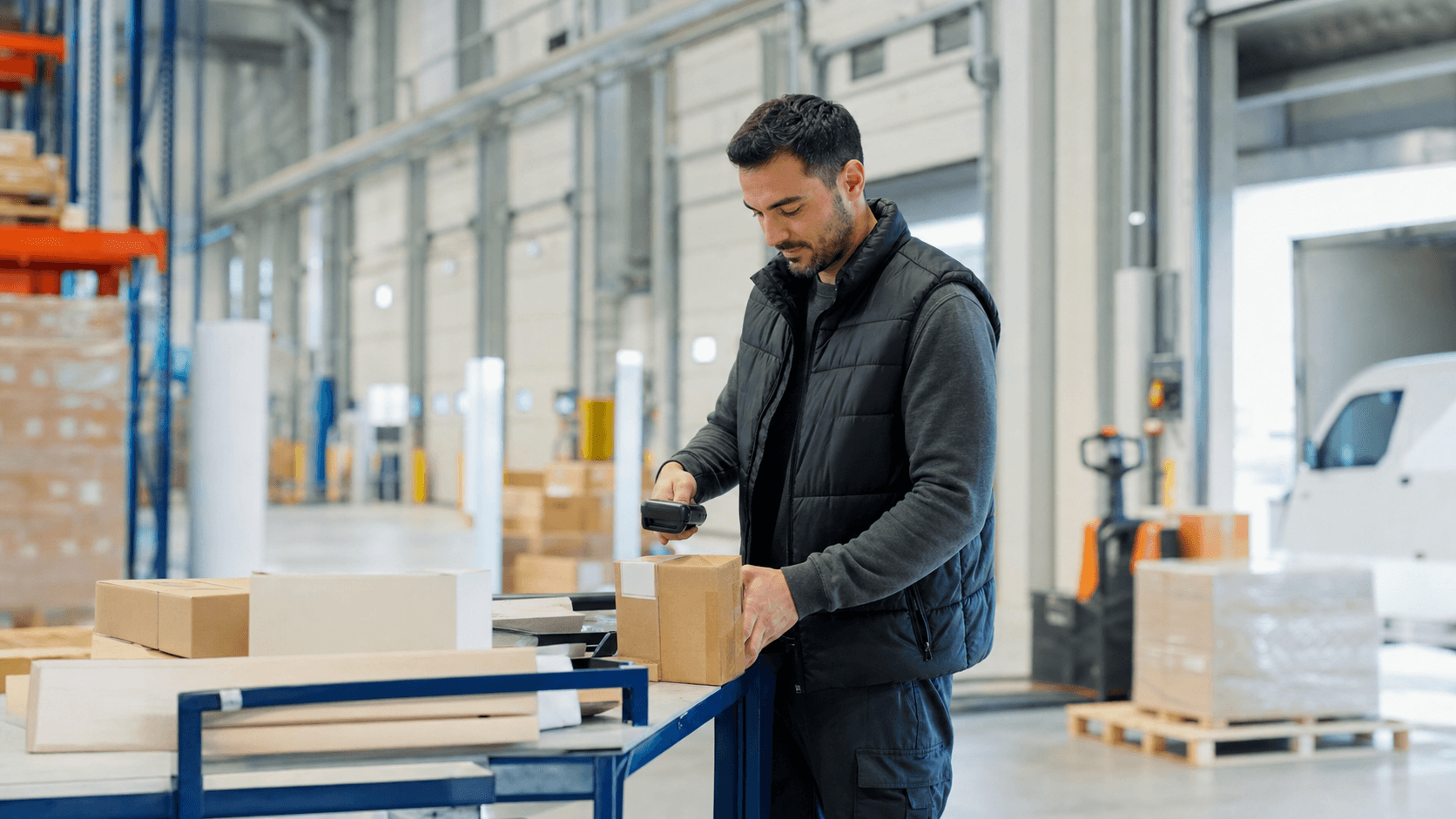 Order picker kompletujący zamówienia w centrum logistycznym